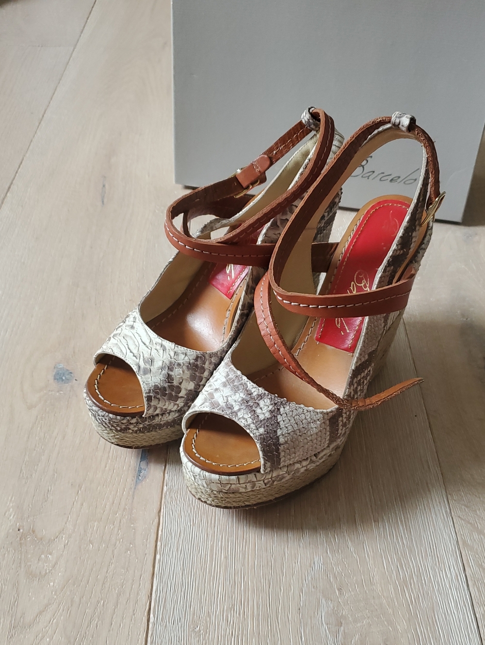 Paloma Barcelo Tan & Cream Snake-Print Platform Wedge Sandals